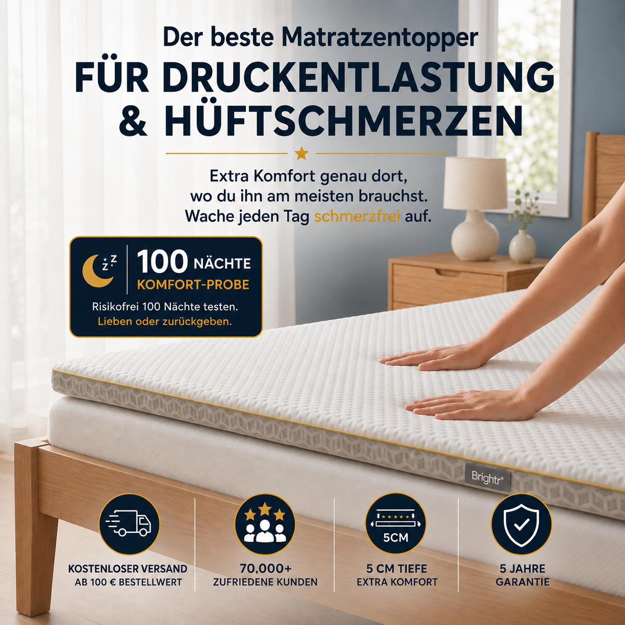 Brightr Aurora Visco-Schaum Matratzen Topper (H2/H3), 5 cm für optimale Druckentlastung bei Hüftschmerzen