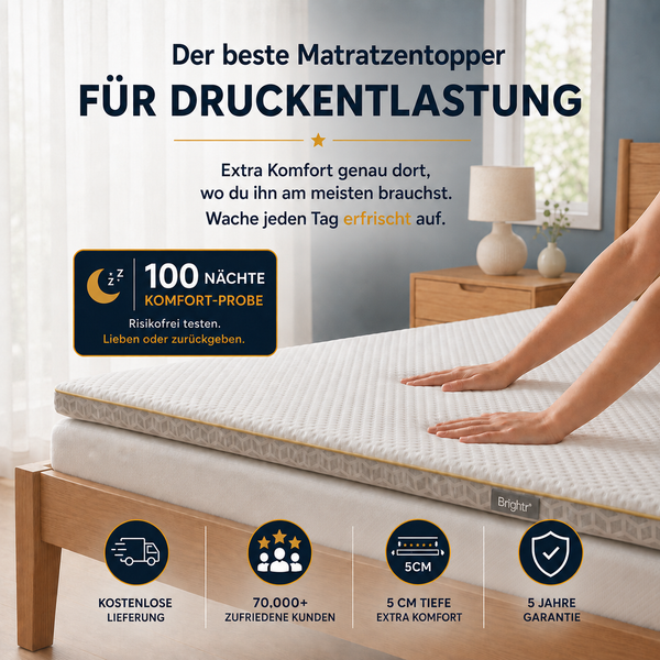 Brightr® Aurora  Visco-Schaum Matratzen-Topper 5 cm | Weich & Mittelfest H2/H3 | Druckentlastung für Schultern, Hüfte & Rücken