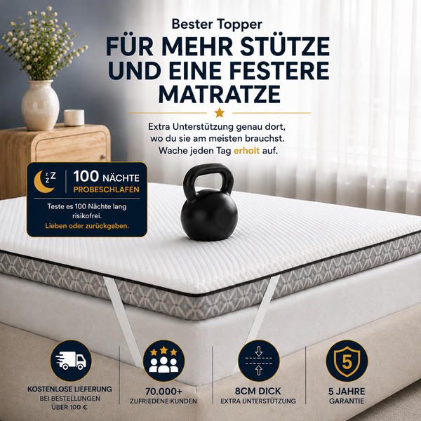 Brightr® Titan Deluxe Kaltschaum-Topper, Hart (H5/H6), 8 cm, wendbar | Für weiche & durchgelegene Matratzen entwickelt