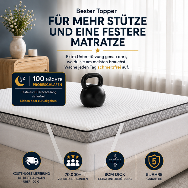 Brightr® Titan Deluxe Orthopädischer Kaltschaum Topper Hart (H5/H6), 8 cm, wendbar, ideal bei Rücken- & Hüftschmerzen